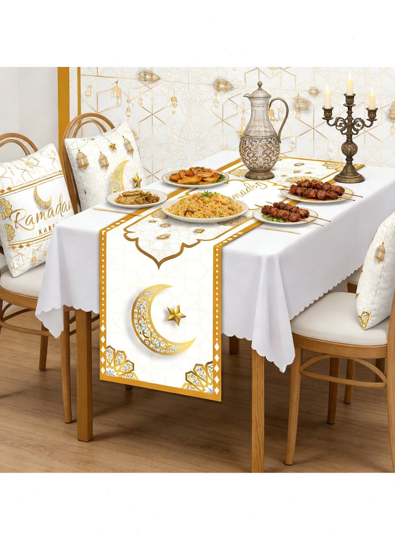 مجموعة زينة رمضان مكونة من 5 قطع: 1 مفرش طاولة رمضان + 4 أغطية وسائد - مثالية لاجتماعات الإفطار والسحور، ديكور منزلي بمناسبة عيد مبارك - Image 3